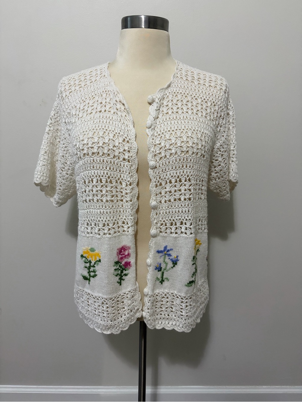 Vintage Teddi Petite M White Knit Top Floral Cottagecore Grandmacore - Picture 7 of 7
